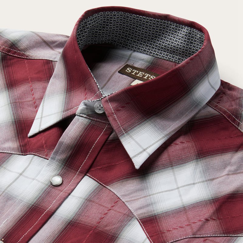 Burgundy Stetson Shadow Plaid Western Men's Shirts | UK 73KHGEJQO