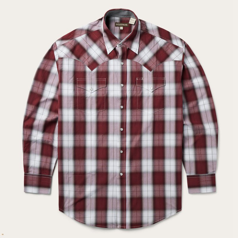 Burgundy Stetson Shadow Plaid Western Men\'s Shirts | UK 73KHGEJQO