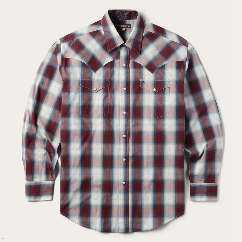 Burgundy Stetson Wine Plaid Men\'s Shirts | UK 27QPOKBYT