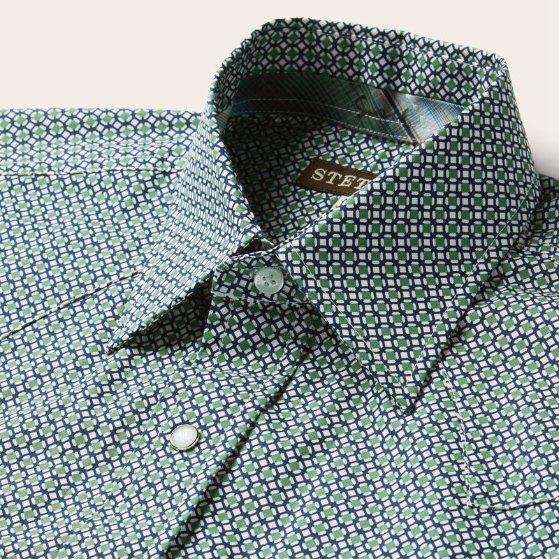 Green Stetson Circle Diamond Print Short Sleeve Western Men's Shirts | UK 65KIOVYXZ