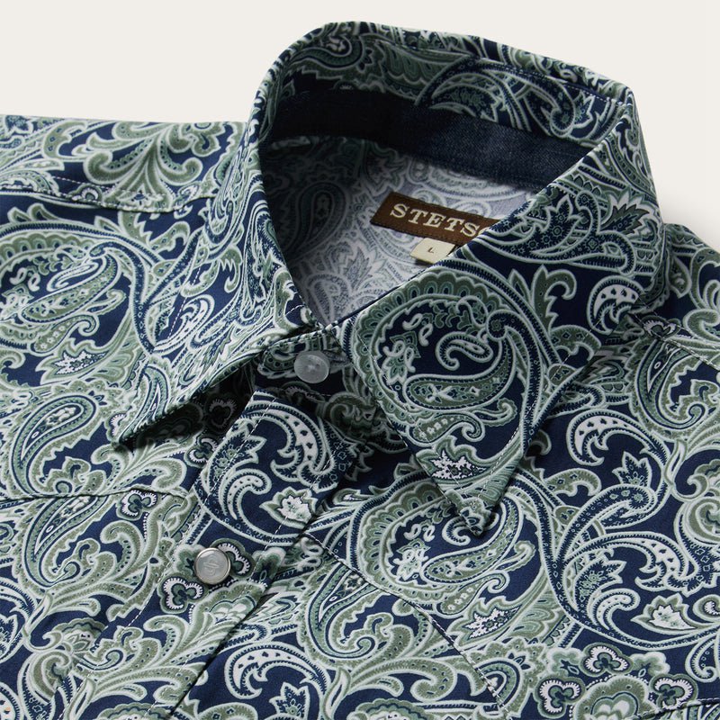 Green Stetson Greenspring Paisley Print Western Men's Shirts | UK 12YTJWHPN