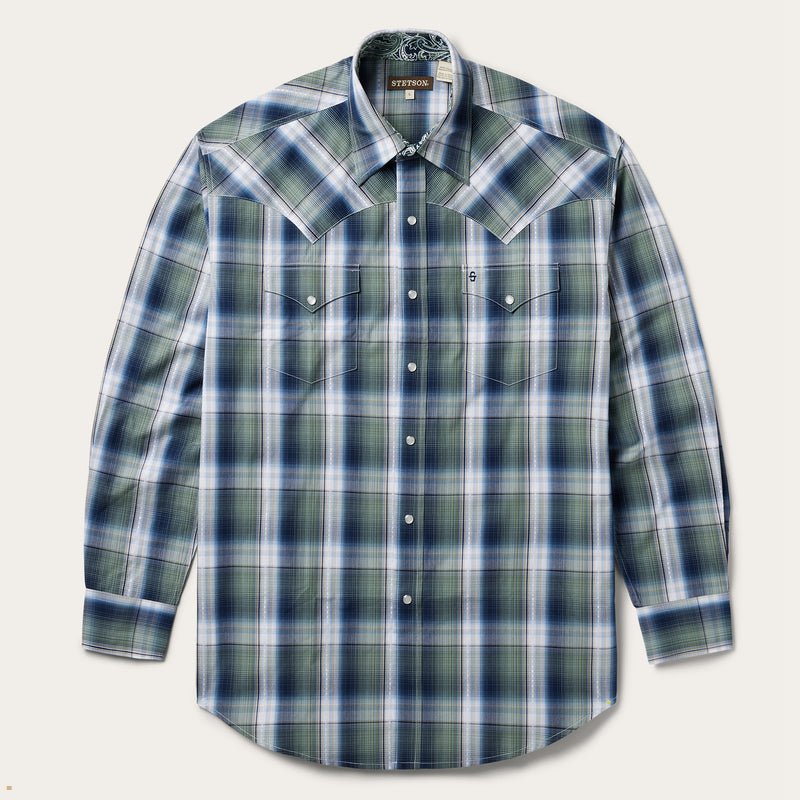 Green Stetson Lucky Diamond Plaid Western Men\'s Shirts | UK 45BUEISTX