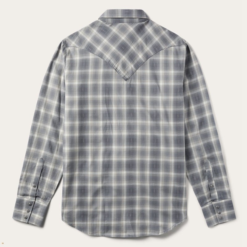 Grey Stetson Dobby Twill Plaid Men's Shirts | UK 73QHOTMKI