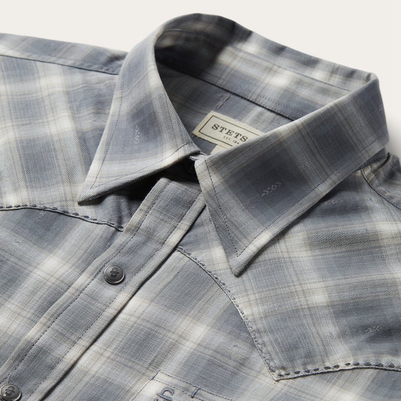 Grey Stetson Dobby Twill Plaid Men's Shirts | UK 73QHOTMKI