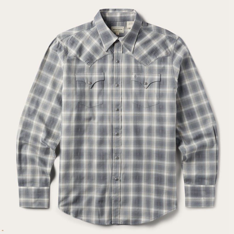 Grey Stetson Dobby Twill Plaid Men\'s Shirts | UK 73QHOTMKI