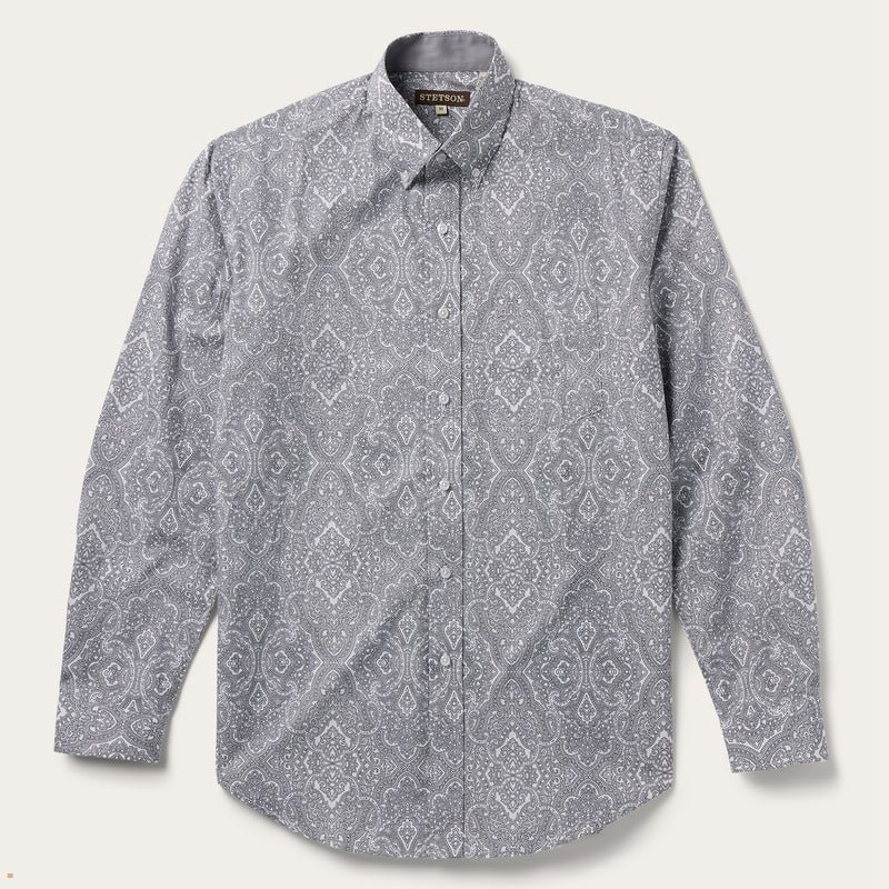 Grey Stetson Highland Paisley Button-Front Men\'s Shirts | UK 72EUWGSJN