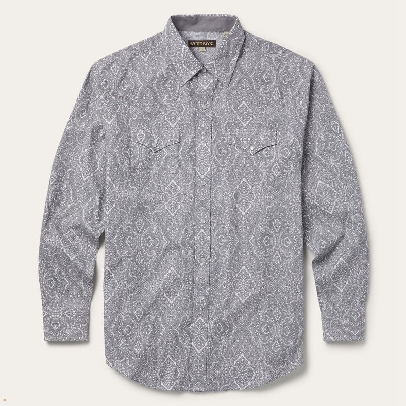 Grey Stetson Highland Paisley Snap-Front Men\'s Shirts | UK 93OGNPAQL