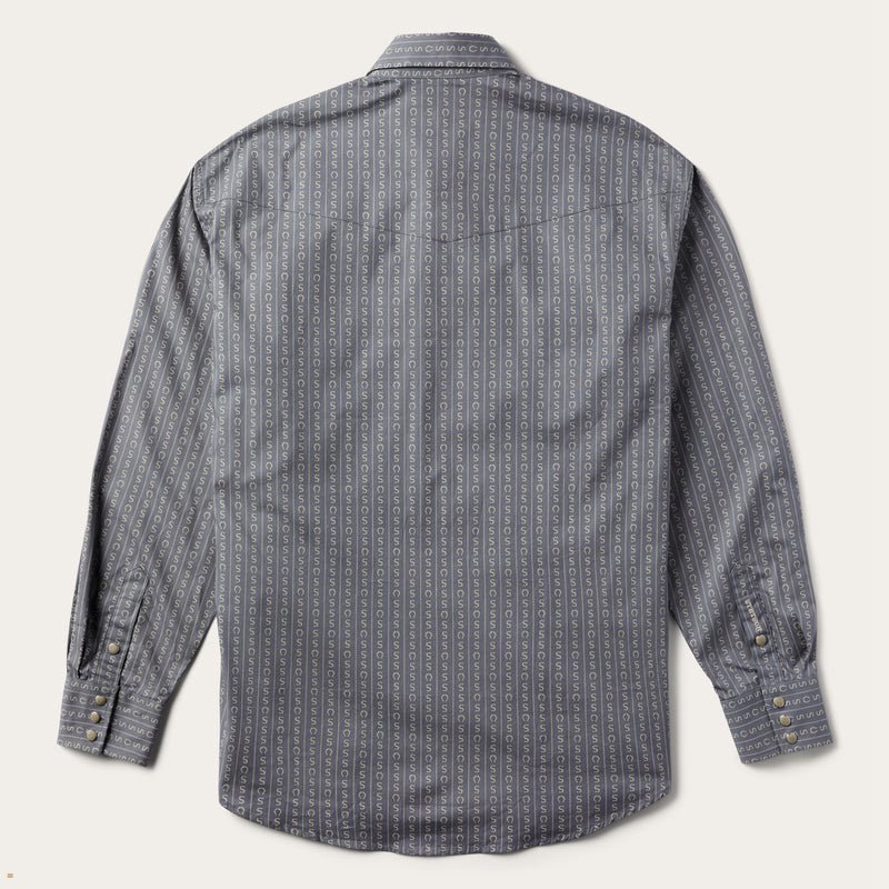 Grey Stetson Horseshoe Stripe Print Men's Shirts | UK 57WXEJGKN