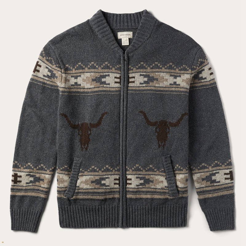 Grey Stetson Longhorn Men\'s Cardigan | UK 57HFCPRWB