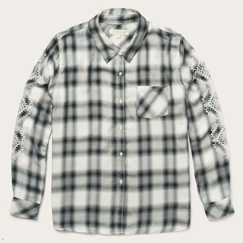 Grey Stetson Plaid Rayon Twill Women\'s Shirts | UK 29QXJVWYA