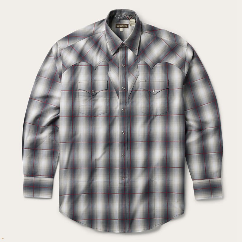 Grey Stetson Western Men\'s Shirts | UK 84QLNYAUO