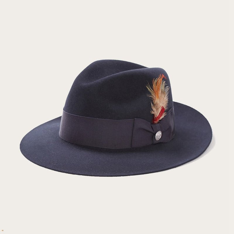 Navy Stetson Temple Men's Fedoras | UK 86HTRUICV