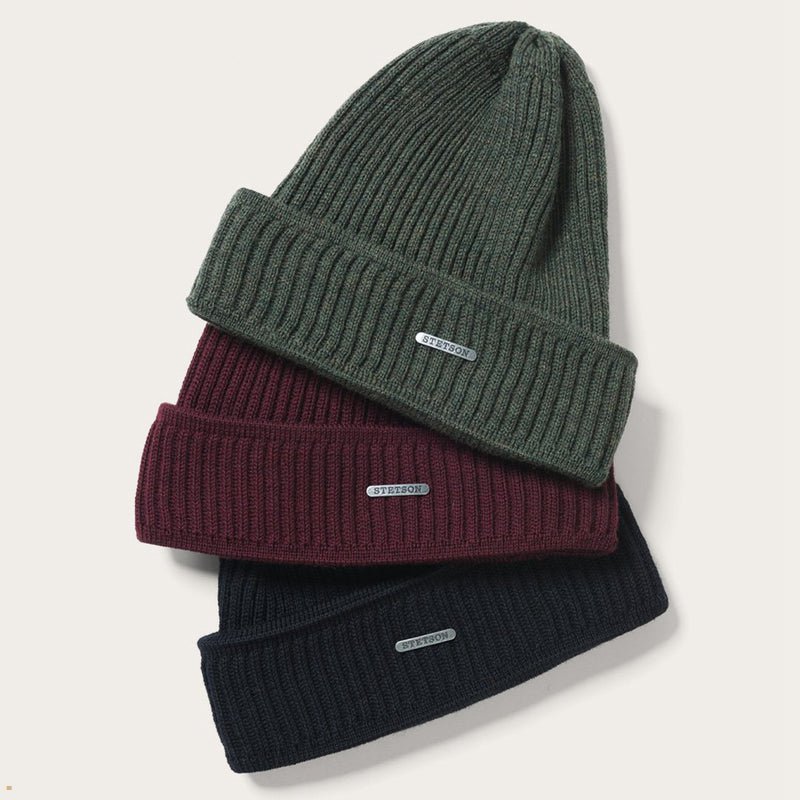 Olive Stetson Merino Wool Men's Beanie | UK 31GNXCDOS