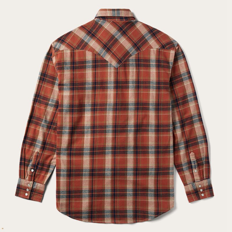 Orange Stetson Brushed Twill Plaid Men's Shirts | UK 05FWHPAIU