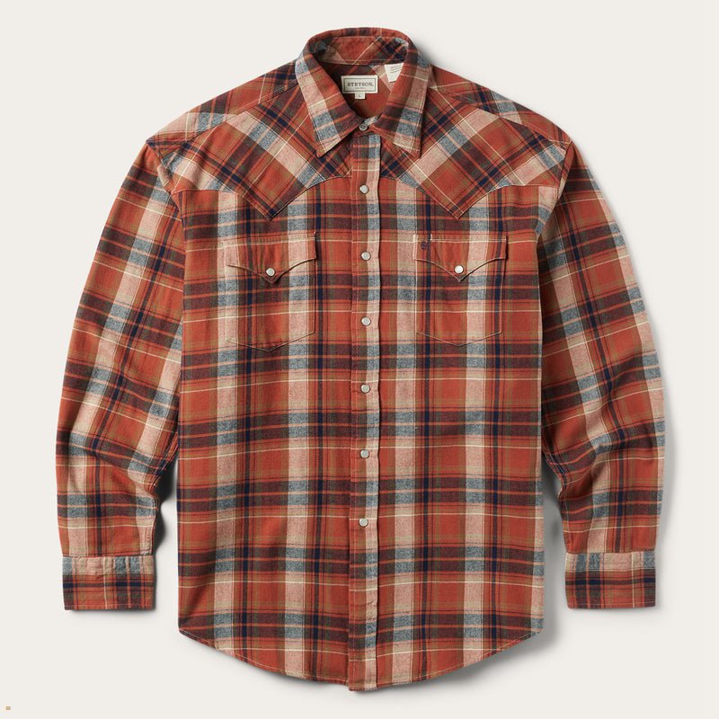 Orange Stetson Brushed Twill Plaid Men\'s Shirts | UK 05FWHPAIU