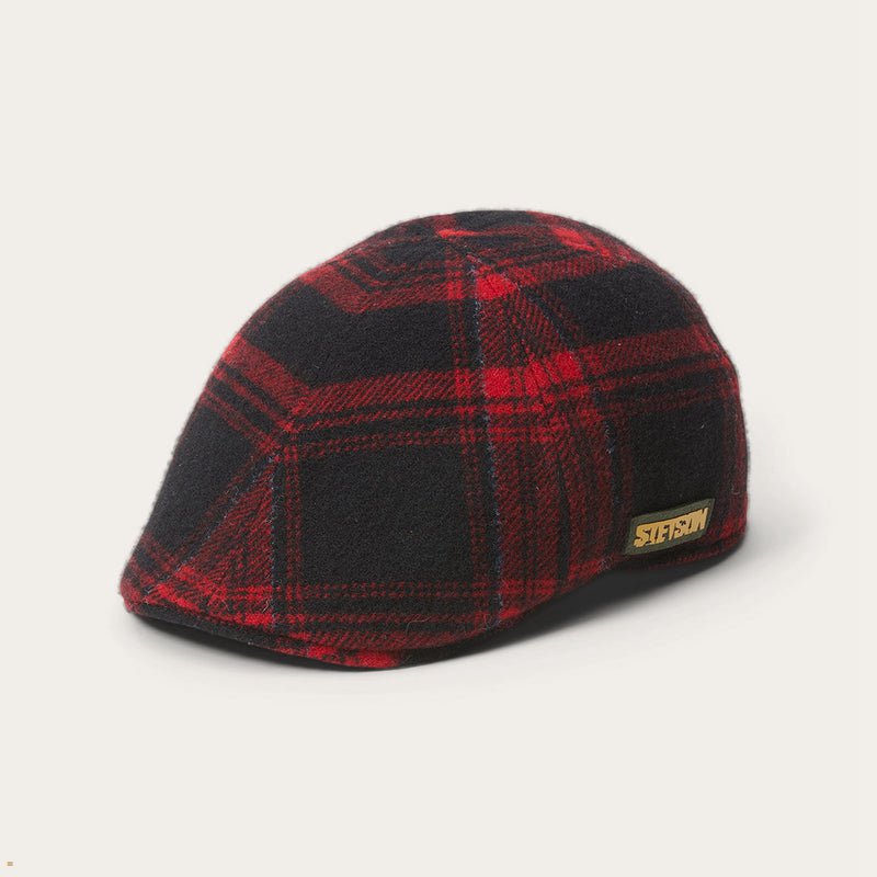 Red Black Stetson Texas Virgin Wool Check Men's Caps | UK 74IJZVRYL