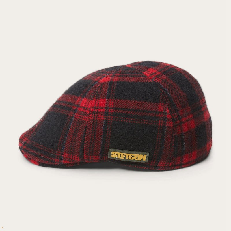 Red Black Stetson Texas Virgin Wool Check Men's Caps | UK 74IJZVRYL