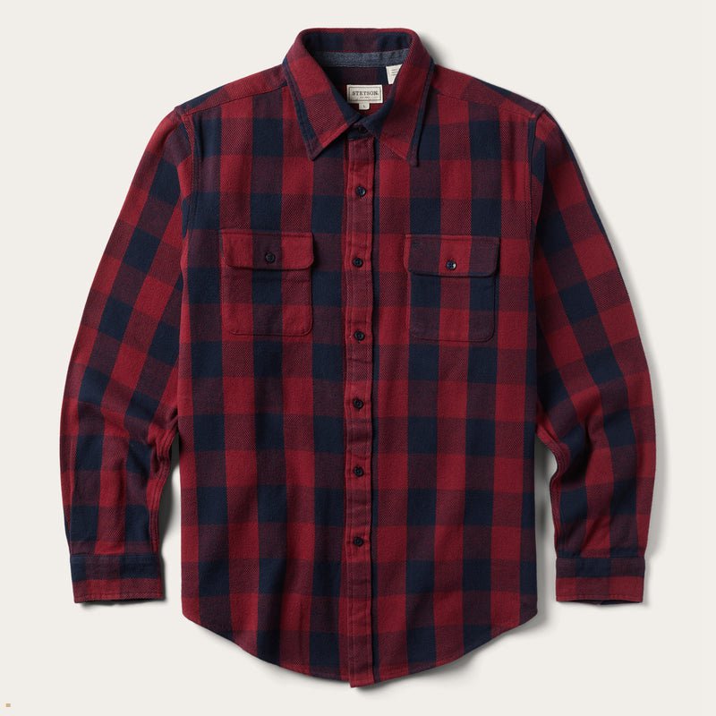 Red Stetson Buffalo Check Twill Men\'s Shirts | UK 63BQKFTMW