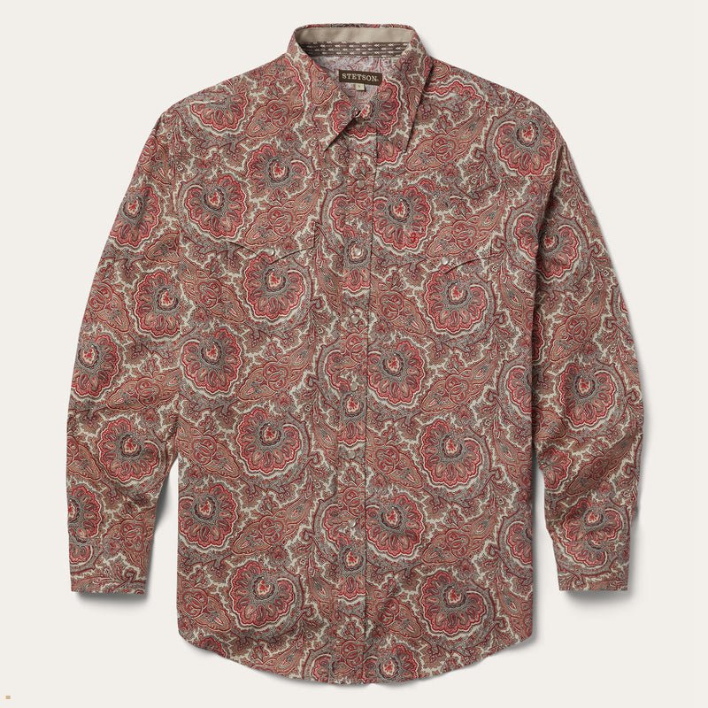 Red Stetson Paisley Western Men\'s Shirts | UK 76ONXPBYD