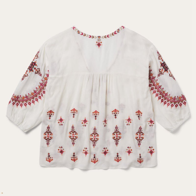 White Stetson Dobby Peasant Women's Blouse | UK 83JSOMKHW