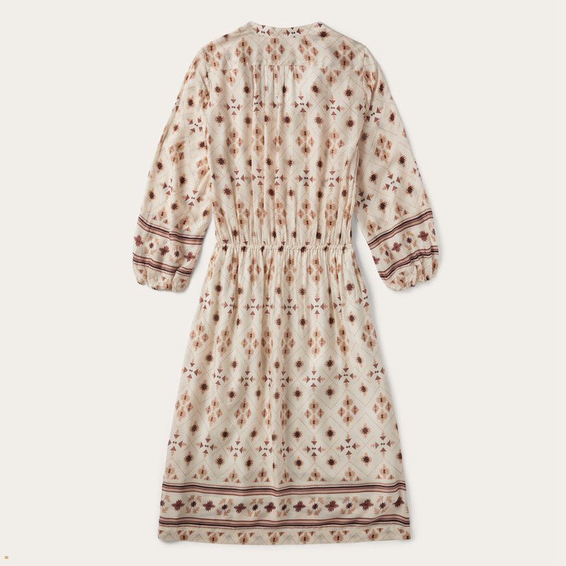 White Stetson Gaucho Border Print Rayon Herringbone Women's Dresses | UK 48XIUQBWN