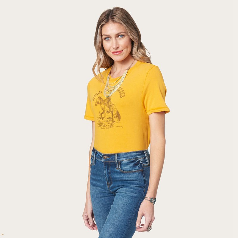 Yellow Stetson Hold Your Horses Graphic Women's T-Shirts | UK 68PUZMROK