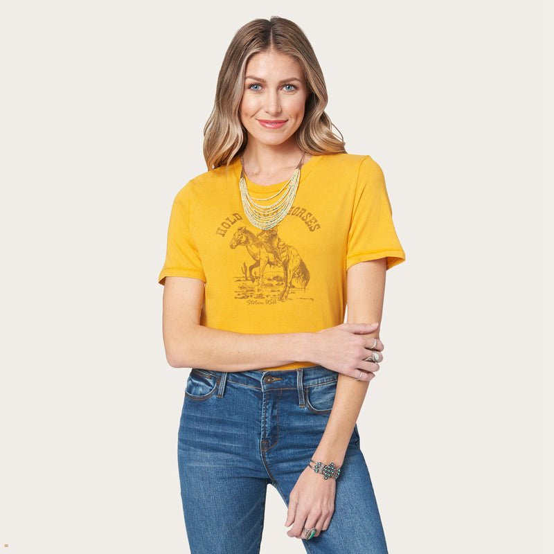 Yellow Stetson Hold Your Horses Graphic Women\'s T-Shirts | UK 68PUZMROK