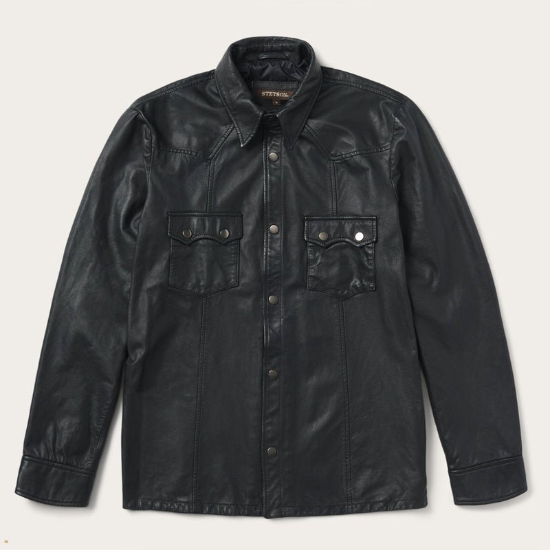 Black Stetson Leather Western Shirt Men's Jackets | UK 70XPDGOYM