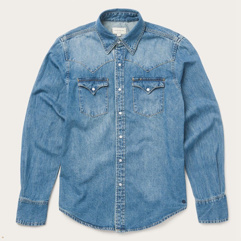 Blue Stetson Aztec Denim Men's Shirts | UK 91FDKPVQO