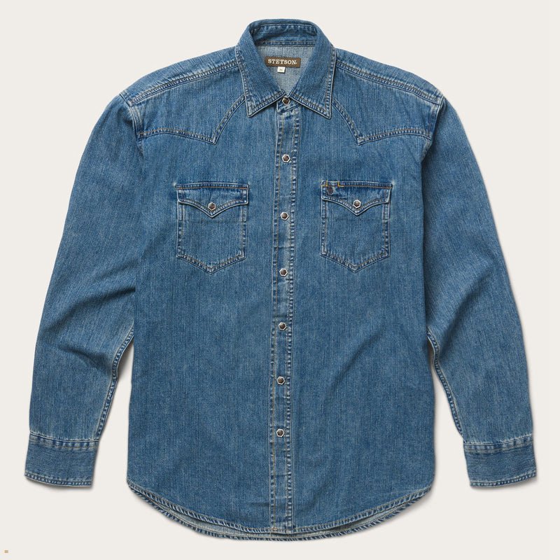 Blue Stetson Classic Denim Men's Shirts | UK 27ROAFCYQ