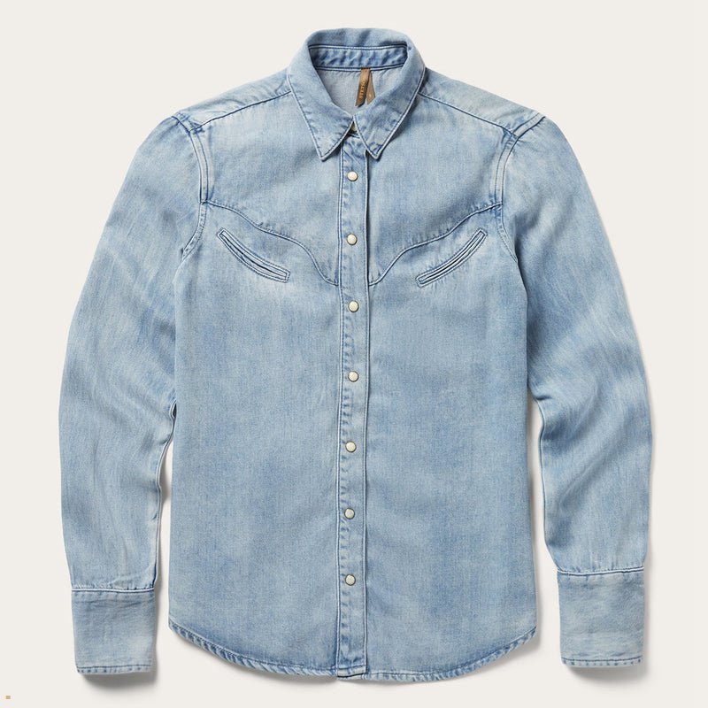 Blue Stetson Curved Yoke Western Denim Top Women's Shirts | UK 12SHYZEPM