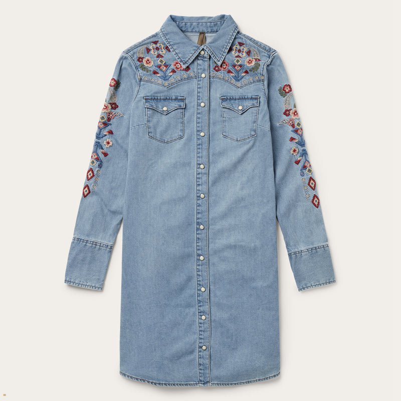 Blue Stetson Embroidered Denim Shirt Women's Dresses | UK 35THBKQMN