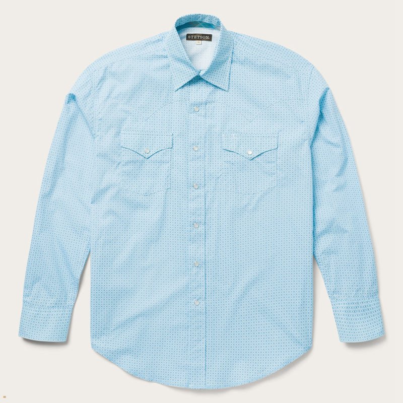 Blue Stetson Lattice Print Western Men's Shirts | UK 09BVLUMNY