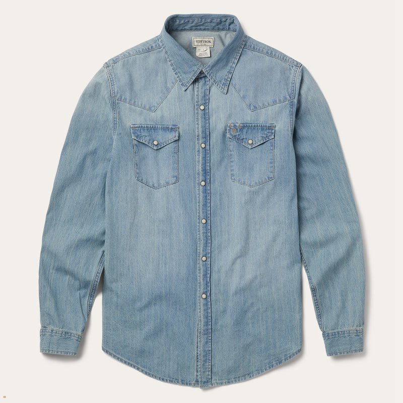 Blue Stetson Long Sleeve Denim Men's Shirts | UK 90ZMNUEJO