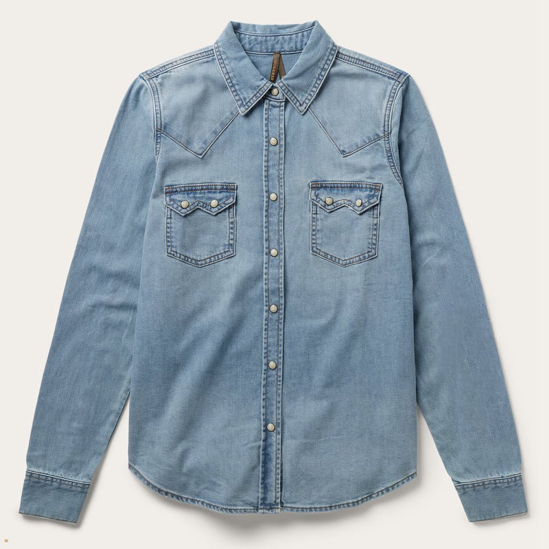 Blue Stetson Loose Fit Denim Women's Blouse | UK 62MKCOHDU