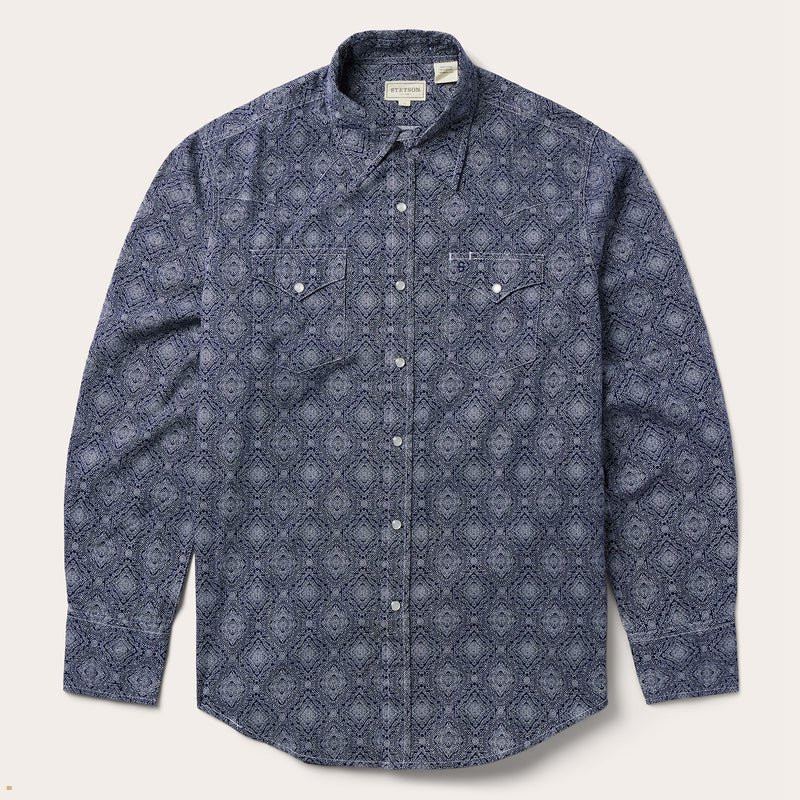 Blue Stetson Medallion Print Western Men's Shirts | UK 75DHPCEOF