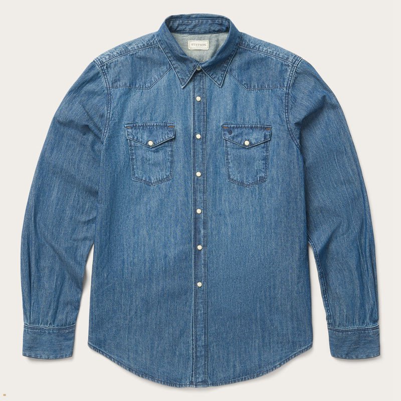 Blue Stetson Medium Denim Men's Shirts | UK 03PCRVEMS