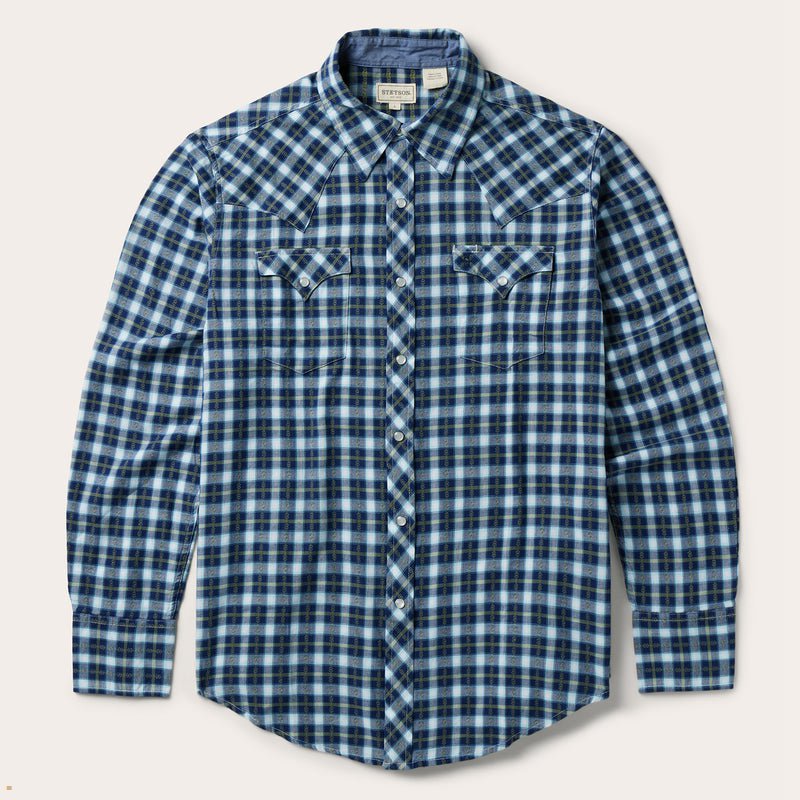 Blue Stetson Plaid Twill Dobby Western Men's Shirts | UK 12WJZHTUX