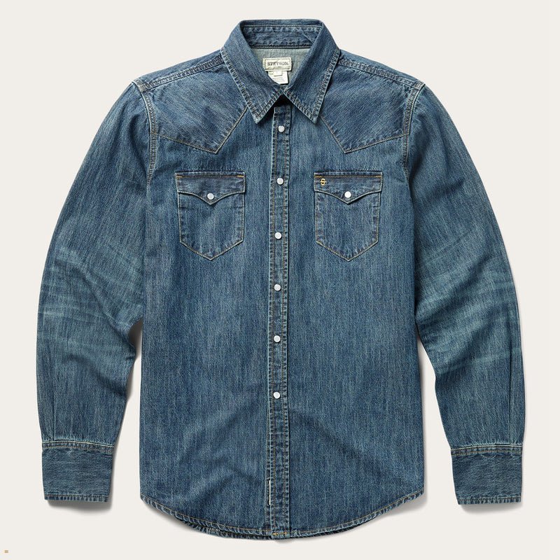 Blue Stetson Premium Western Denim Men's Shirts | UK 83ZWVNBYM