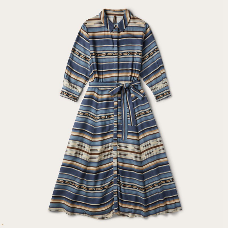 Blue Stetson Serape Print Rayon Twill Women's Dresses | UK 30ZHPAJDK