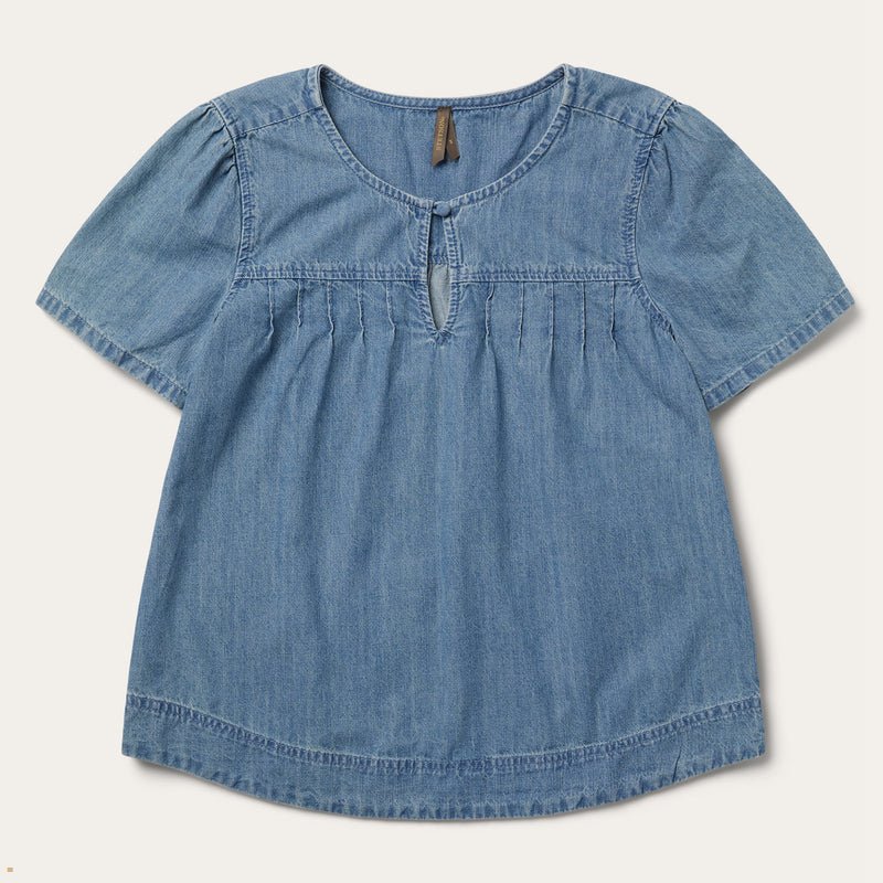 Blue Stetson Short Sleeve Denim Women's Blouse | UK 93CFAMLRJ