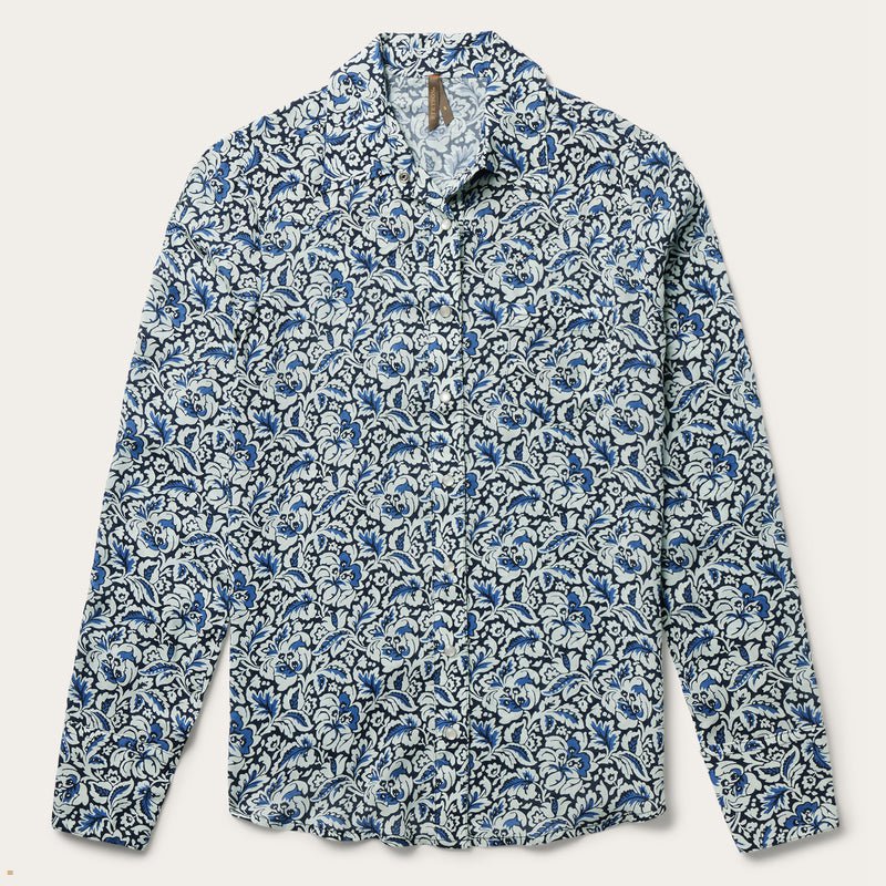 Blue Stetson Tapestry Print Women's Shirts | UK 67HOYGEIK