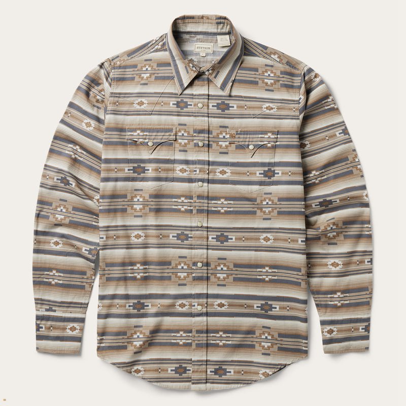 Brown Stetson Horizontal Aztec Print Western Men's Shirts | UK 14EGYFCPH