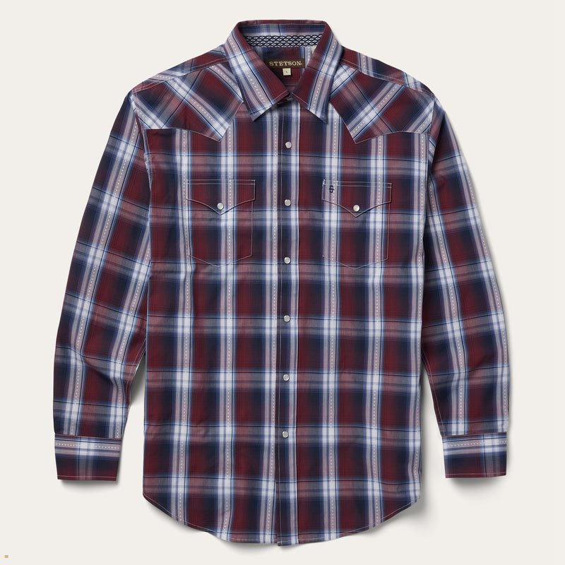 Burgundy Stetson Good Luck Plaid Western Men's Shirts | UK 76VSGIJUK