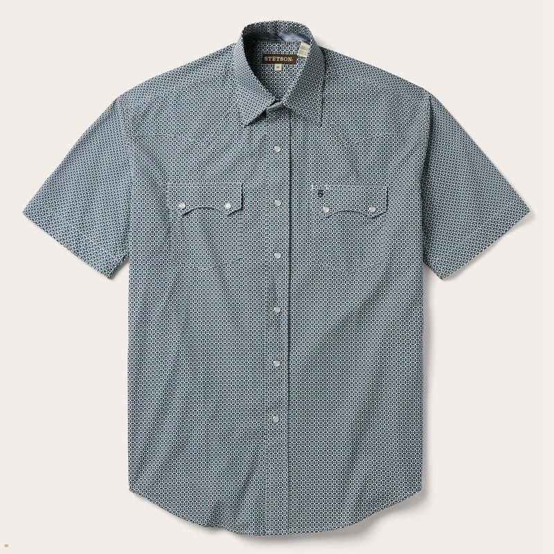 Green Stetson Circle Diamond Print Short Sleeve Western Men's Shirts | UK 65KIOVYXZ