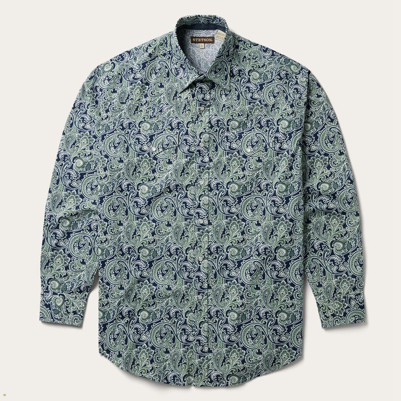 Green Stetson Greenspring Paisley Print Western Men's Shirts | UK 12YTJWHPN