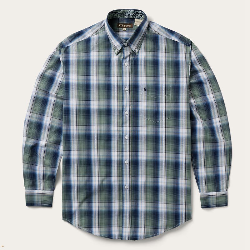 Green Stetson Lucky Diamond Plaid Button Front Men's Shirts | UK 31IRASELP