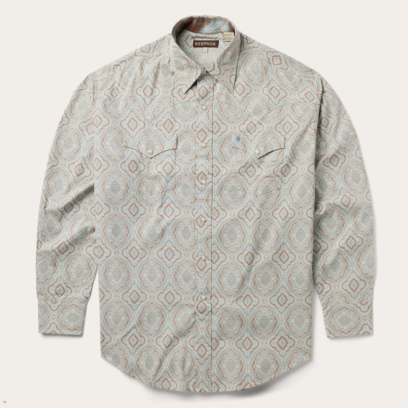 Green Stetson Paisley Print Western Men's Shirts | UK 14BNPSOWX