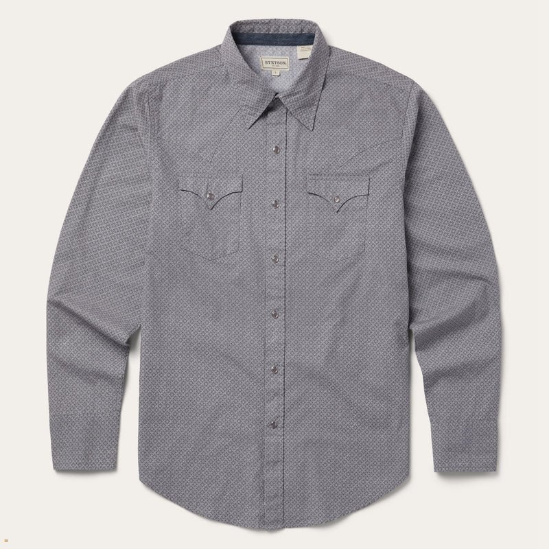 Grey Stetson Diamond Print Western Men's Shirts | UK 27JHXESVO