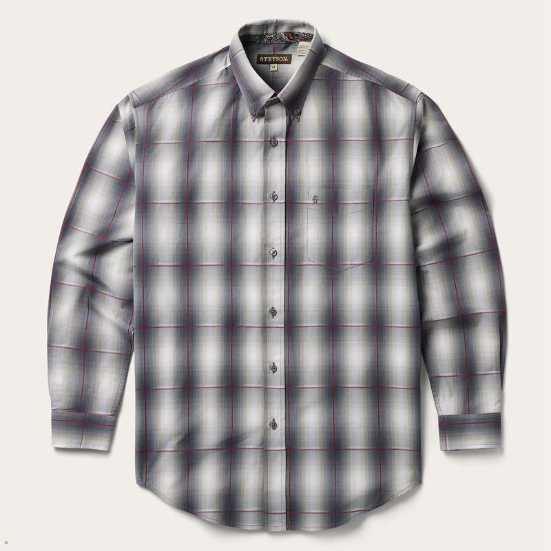 Grey Stetson Plaid Button Front Men's Shirts | UK 05UIGQHEZ